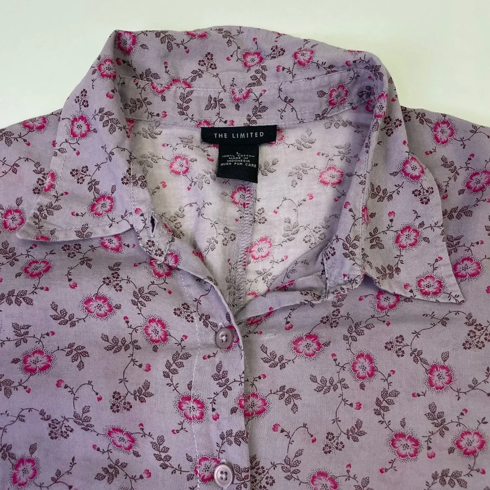 The Limited Purple Floral Cotton Button Down Shirt L Roll Tab Sleeve Hippie